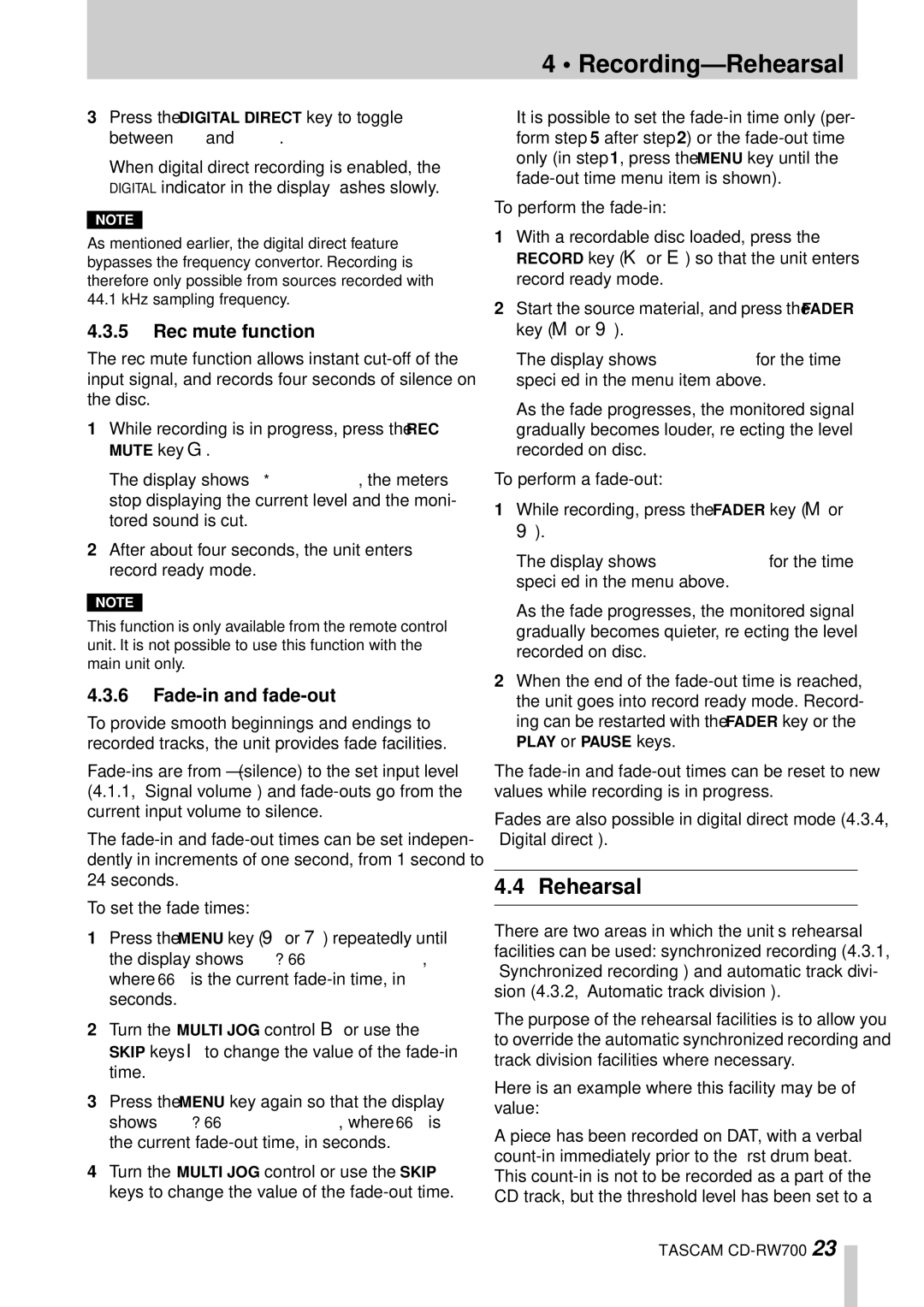 Tascam CD-RW700 owner manual Recording-Rehearsal, Rec mute function, Fade-in and fade-out 