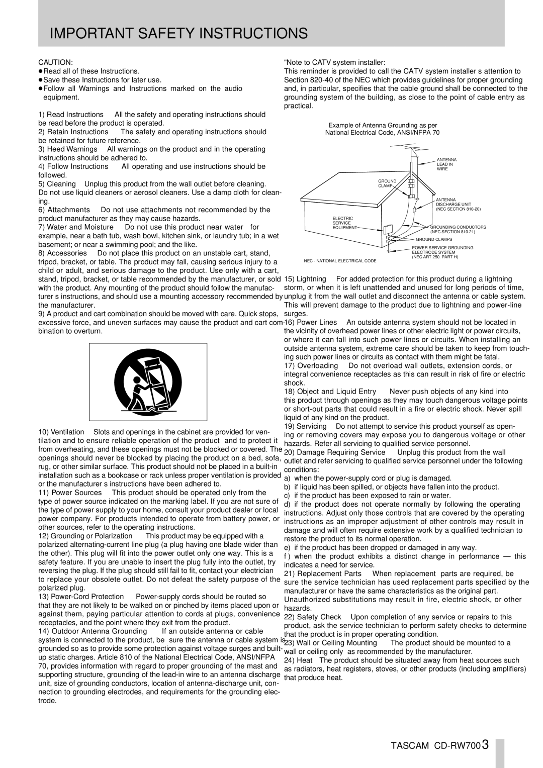 Tascam CD-RW700 owner manual Important Safety Instructions 