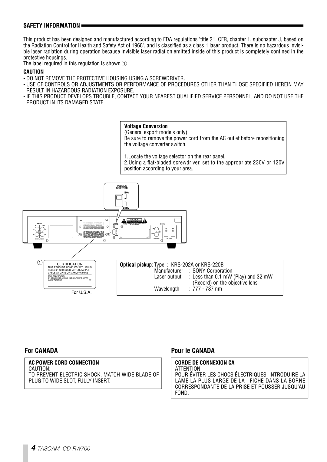 Tascam CD-RW700 owner manual For Canada, Pour le Canada 