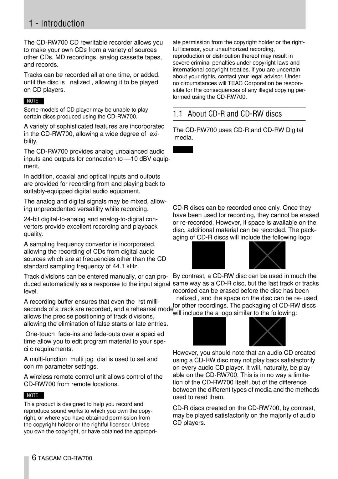 Tascam CD-RW700 owner manual Introduction, About CD-R and CD-RW discs 