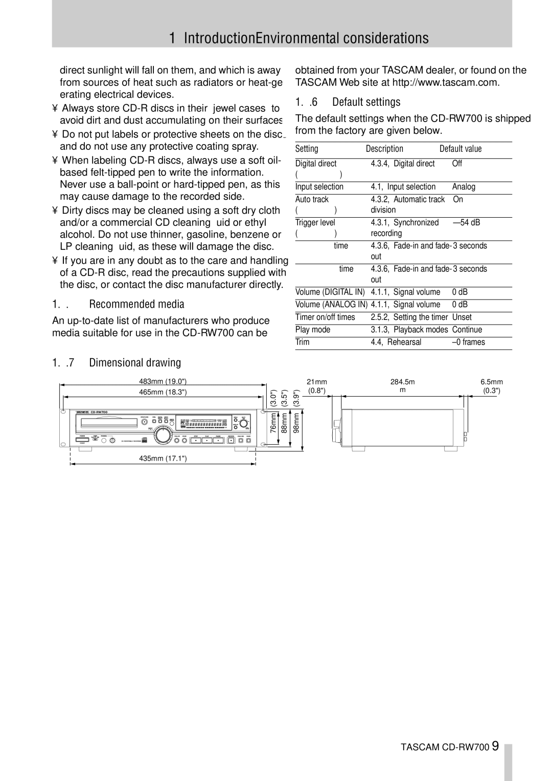 Tascam CD-RW700 owner manual Recommended media, Default settings, Dimensional drawing 