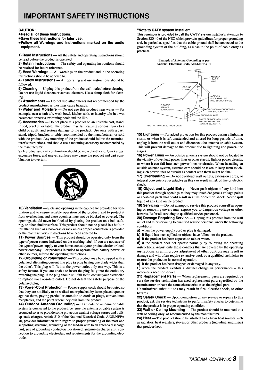 Tascam owner manual Important Safety Instructions, TASCAM CD-RW700 