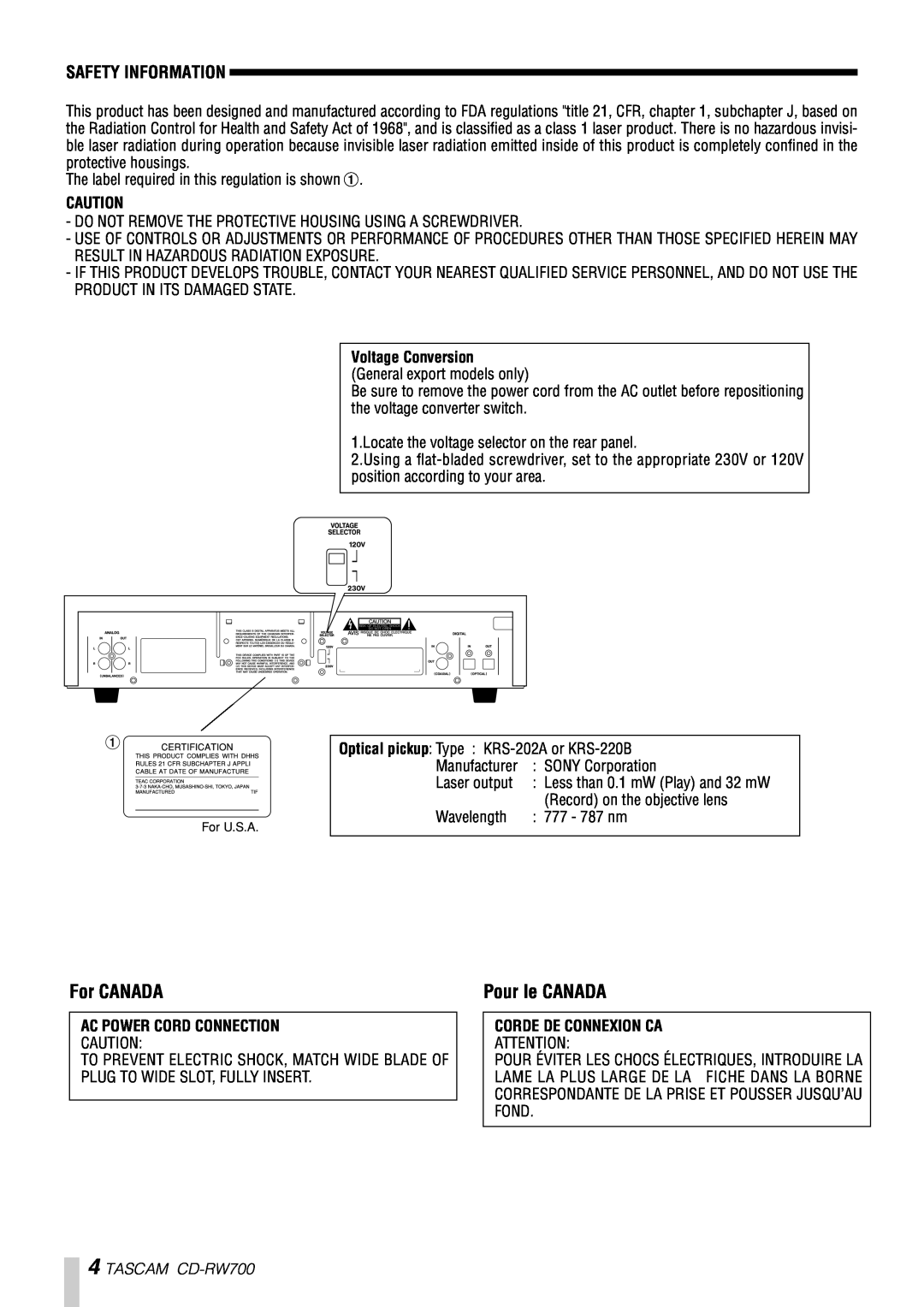 Tascam CD-RW700 owner manual For CANADA, Pour le CANADA, Safety Information, Laser output 