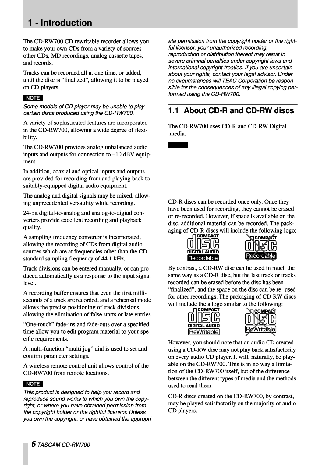 Tascam CD-RW700 owner manual Introduction, About CD-Rand CD-RWdiscs 