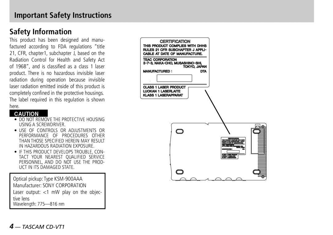 Tascam CD-VT1 Important Safety Instructions Safety Information, Do not Remove the Protective Housing Using a Screwdriver 