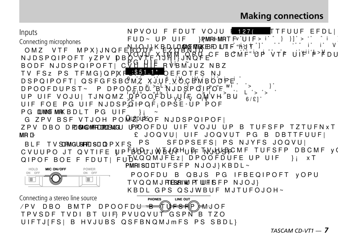 Tascam CD-VT1 manual Making connections, Inputs, Outputs, Connecting microphones 