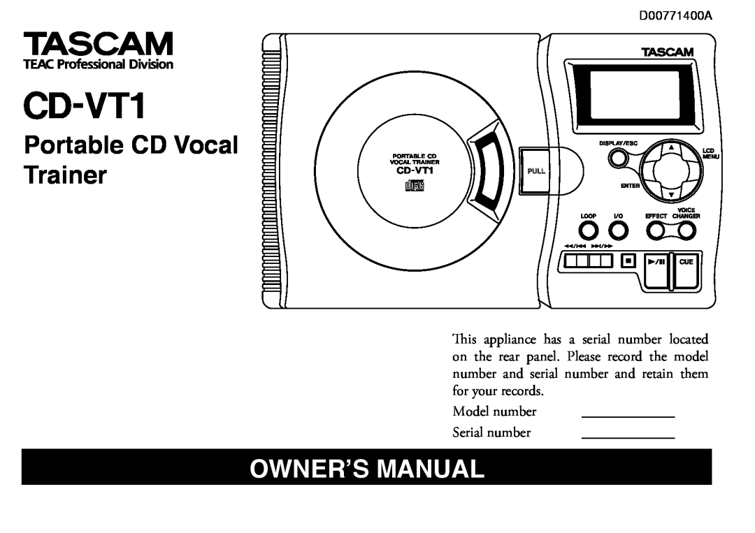 Tascam CD-VT1 manual Portable CD Vocal Trainer, Ownerʼs Manual 
