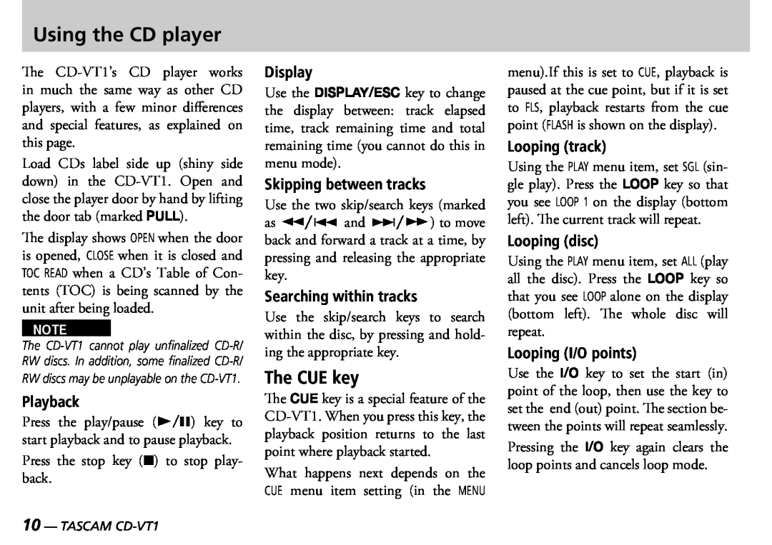 Tascam CD-VT1 manual Using the CD player, The CUE key, Playback, Display, Skipping between tracks, Searching within tracks 