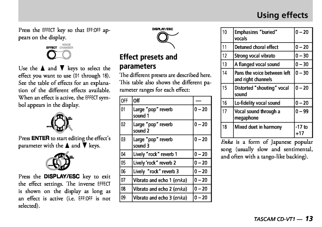 Tascam CD-VT1 manual Using effects, Effect presets and parameters 