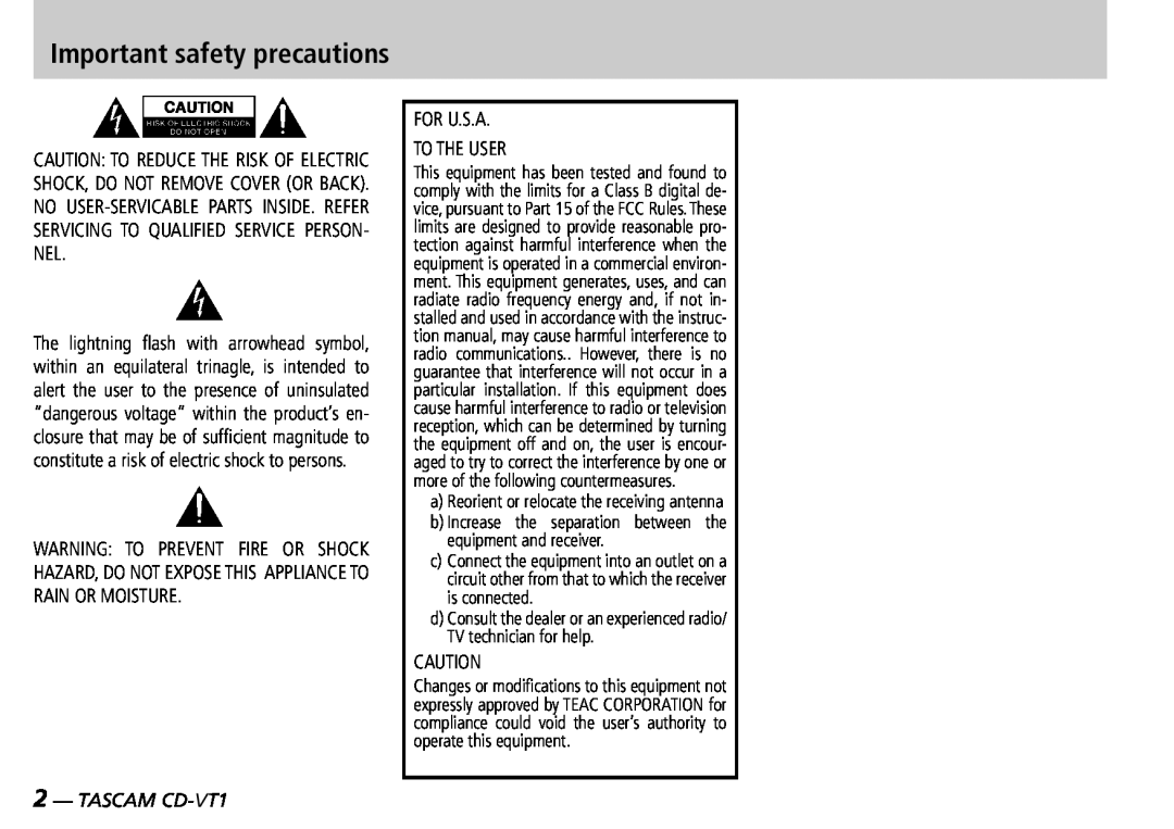 Tascam manual Important safety precautions, TASCAM CD-VT1 