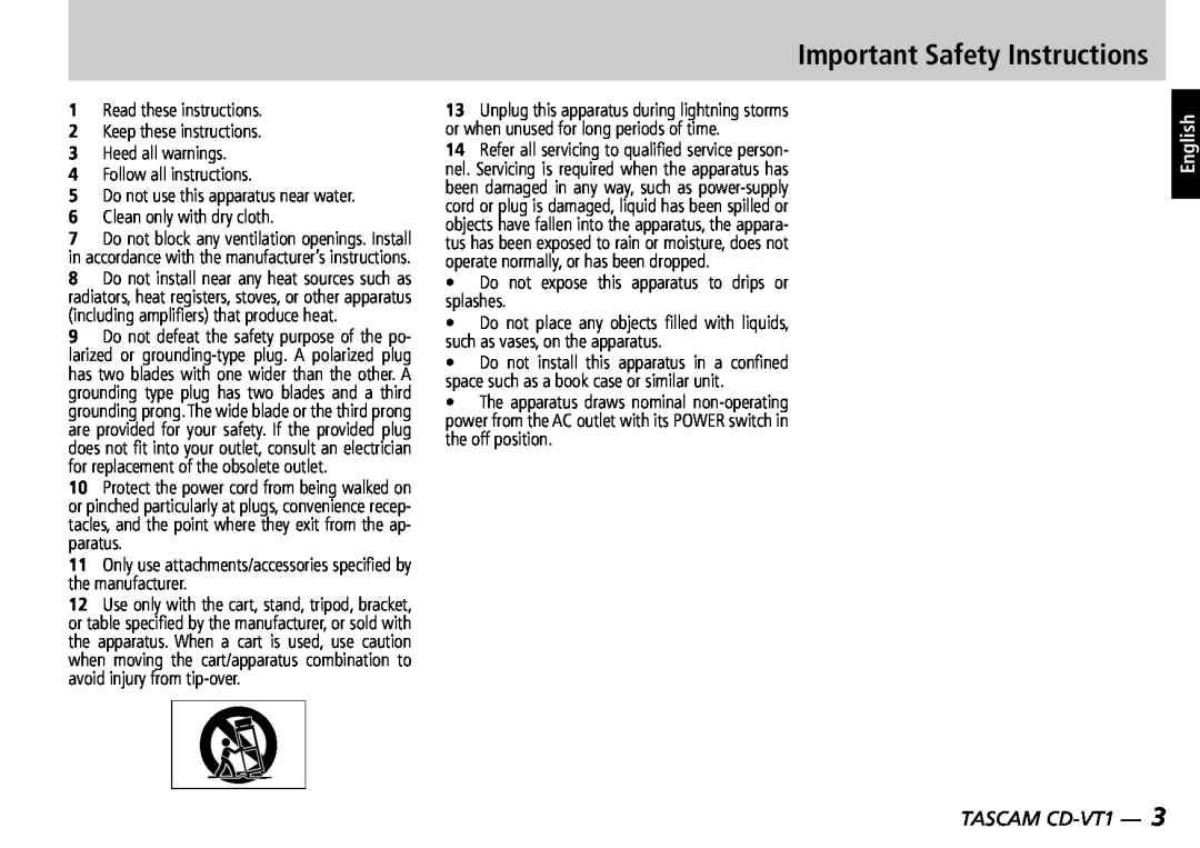 Tascam manual Important Safety Instructions, English, TASCAM CD-VT1 