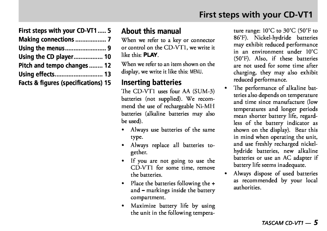 Tascam First steps with your CD-VT1, About this manual, Inserting batteries 