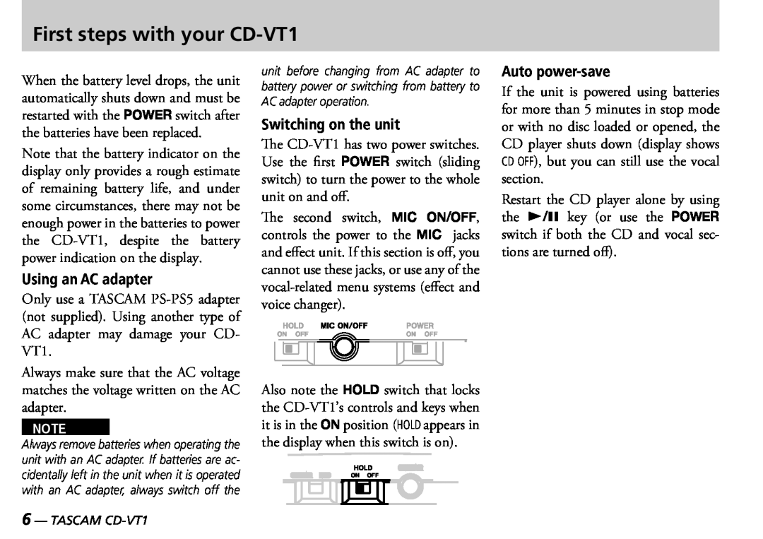 Tascam manual Using an AC adapter, Switching on the unit, Auto power-save, First steps with your CD-VT1, TASCAM CD-VT1 