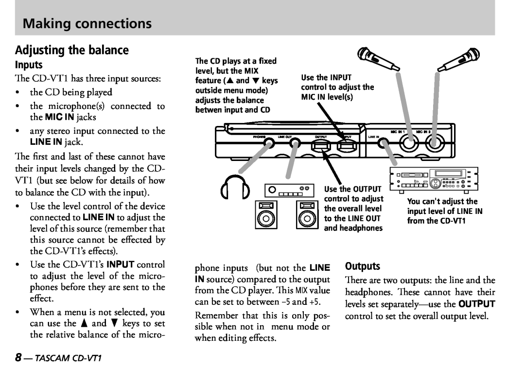 Tascam manual Adjusting the balance, Inputs, Outputs, Making connections, TASCAM CD-VT1 