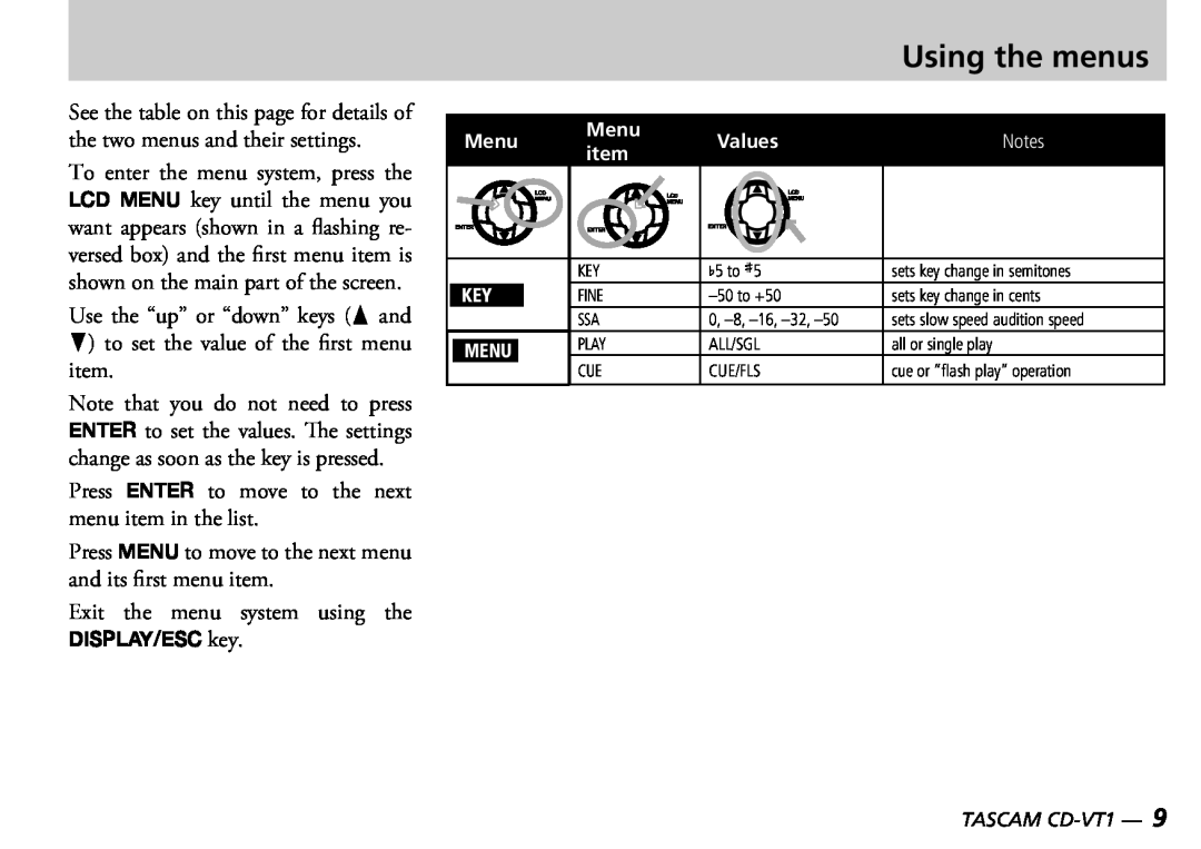 Tascam CD-VT1 manual Using the menus, xit the menu system using the DISPLAY/ESC key 
