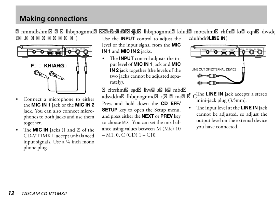 Tascam CD-VT1MKII owner manual Making connections, Connecting a microphone MIC in 1 / MIC, Adjusting the microphone level 