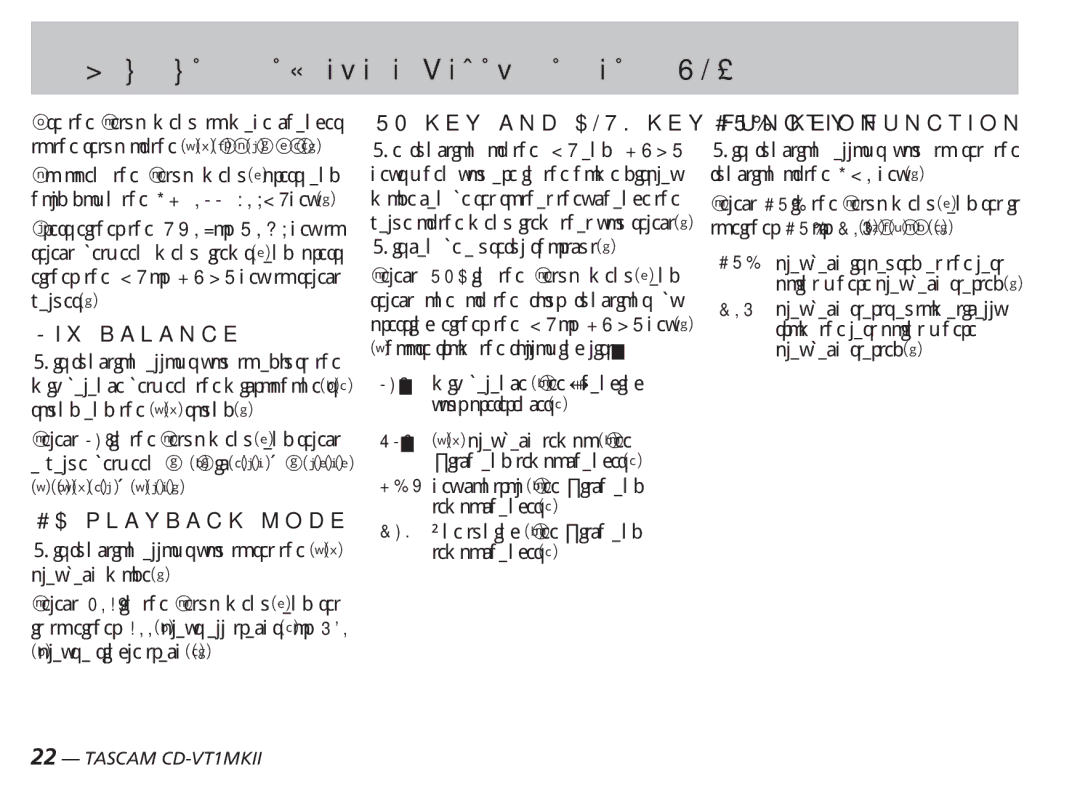 Tascam Changing your preferences for the CD-VT1MKII, Mix balance, CD playback mode, UP key and Down key function 