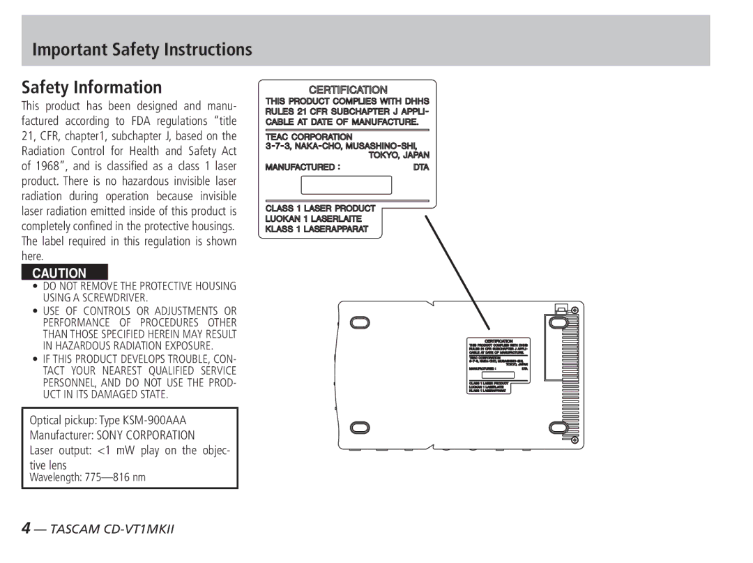 Tascam CD-VT1MKII owner manual Important Safety Instructions Safety Information 