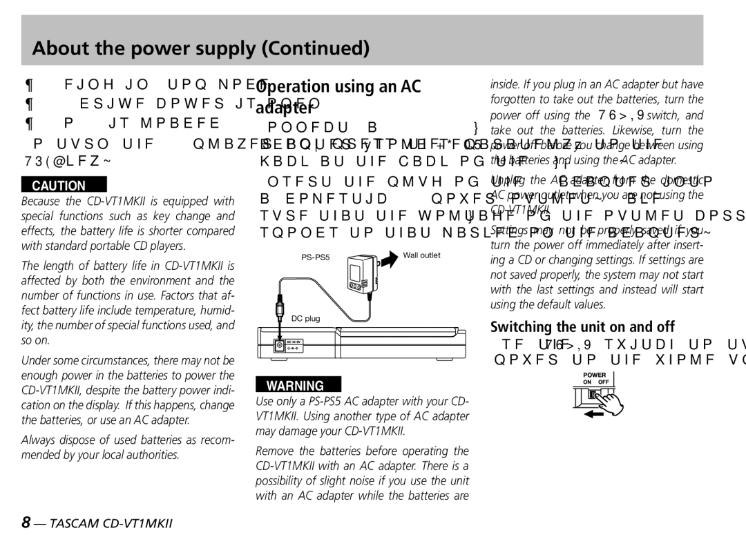 Tascam CD-VT1MKII owner manual Operation using an AC adapter, Switching the unit on and off 