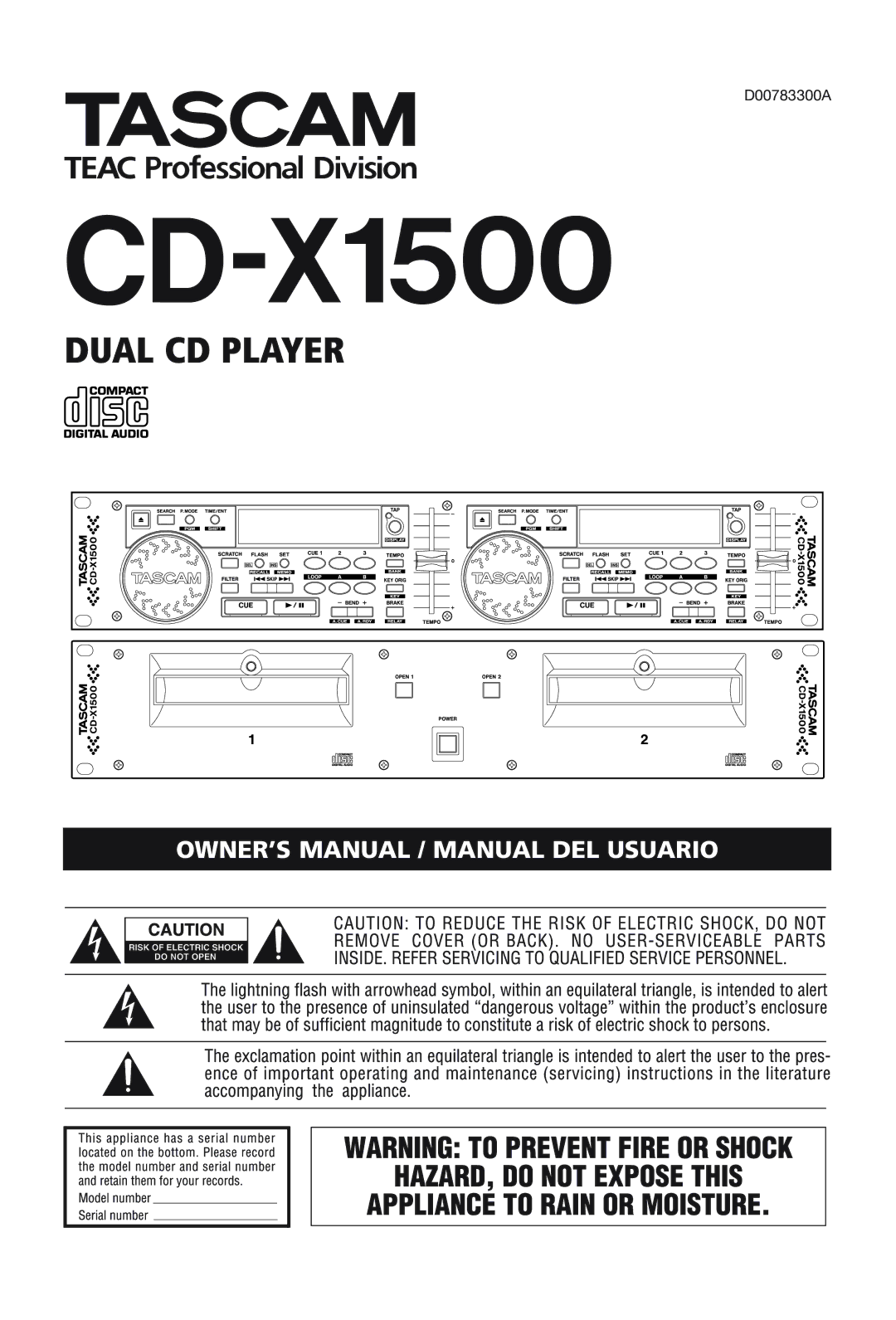 Tascam CD-X1500 owner manual 