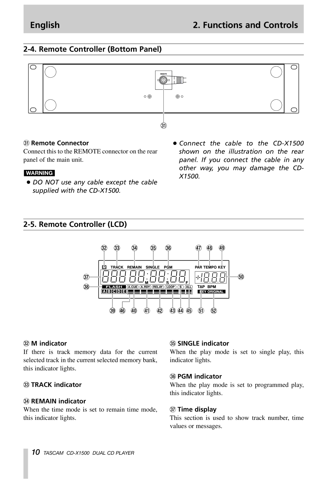 Tascam CD-X1500 owner manual Remote Controller Bottom Panel, Remote Controller LCD 