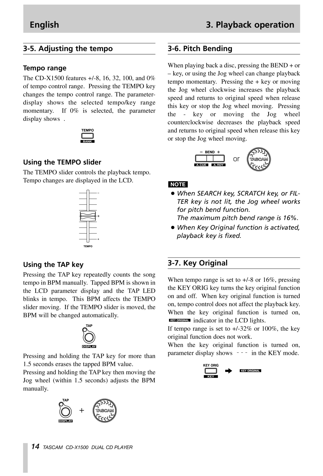 Tascam CD-X1500 owner manual Adjusting the tempo, Pitch Bending, Key Original 