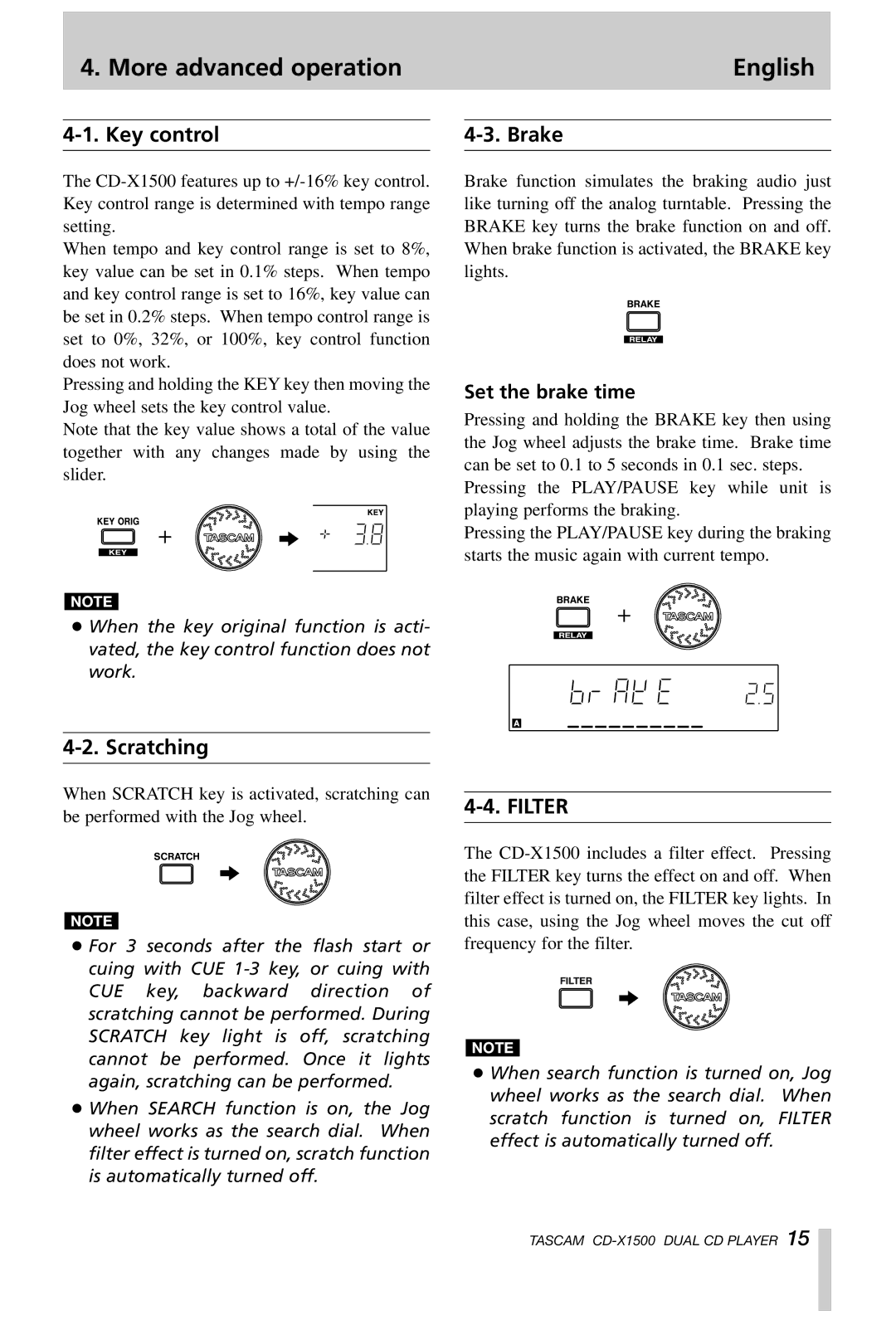 Tascam CD-X1500 owner manual More advanced operation English, Key control, Brake, Scratching, Set the brake time 