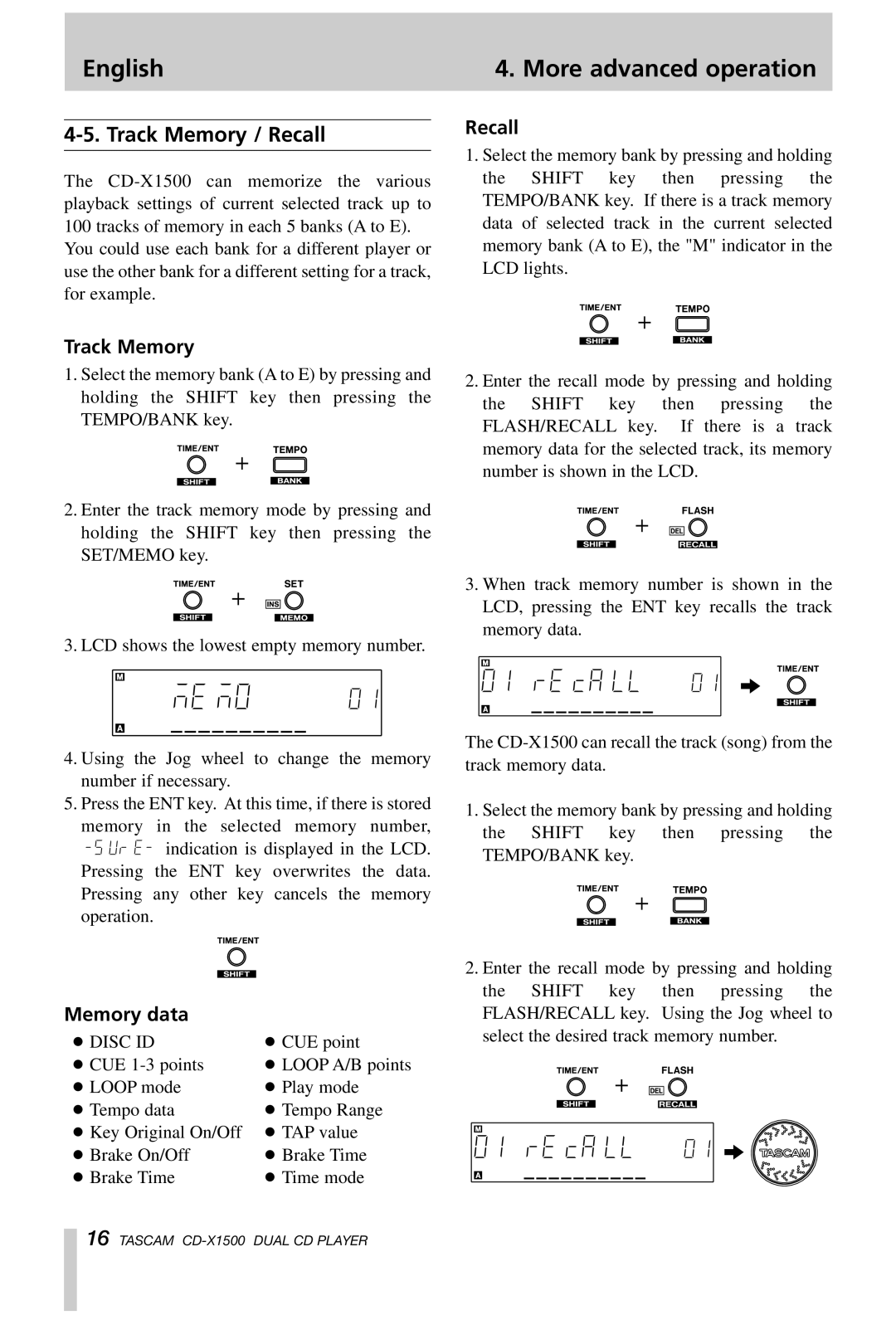 Tascam CD-X1500 owner manual English More advanced operation, Track Memory / Recall, Memory data 