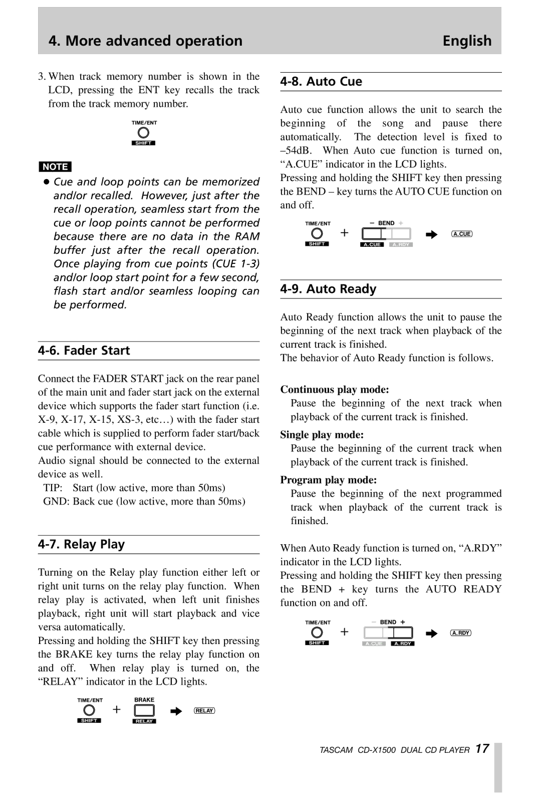 Tascam CD-X1500 owner manual Fader Start, Relay Play, Auto Cue, Auto Ready 