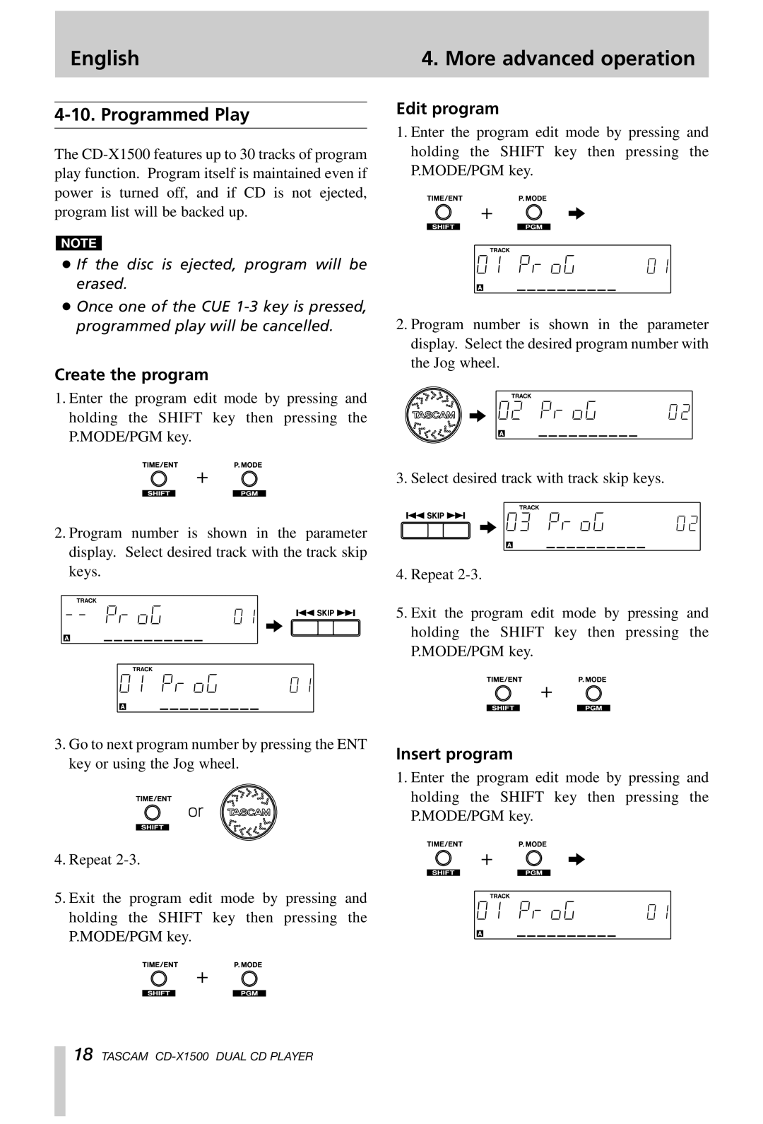 Tascam CD-X1500 owner manual Programmed Play, Create the program, Edit program, Insert program 