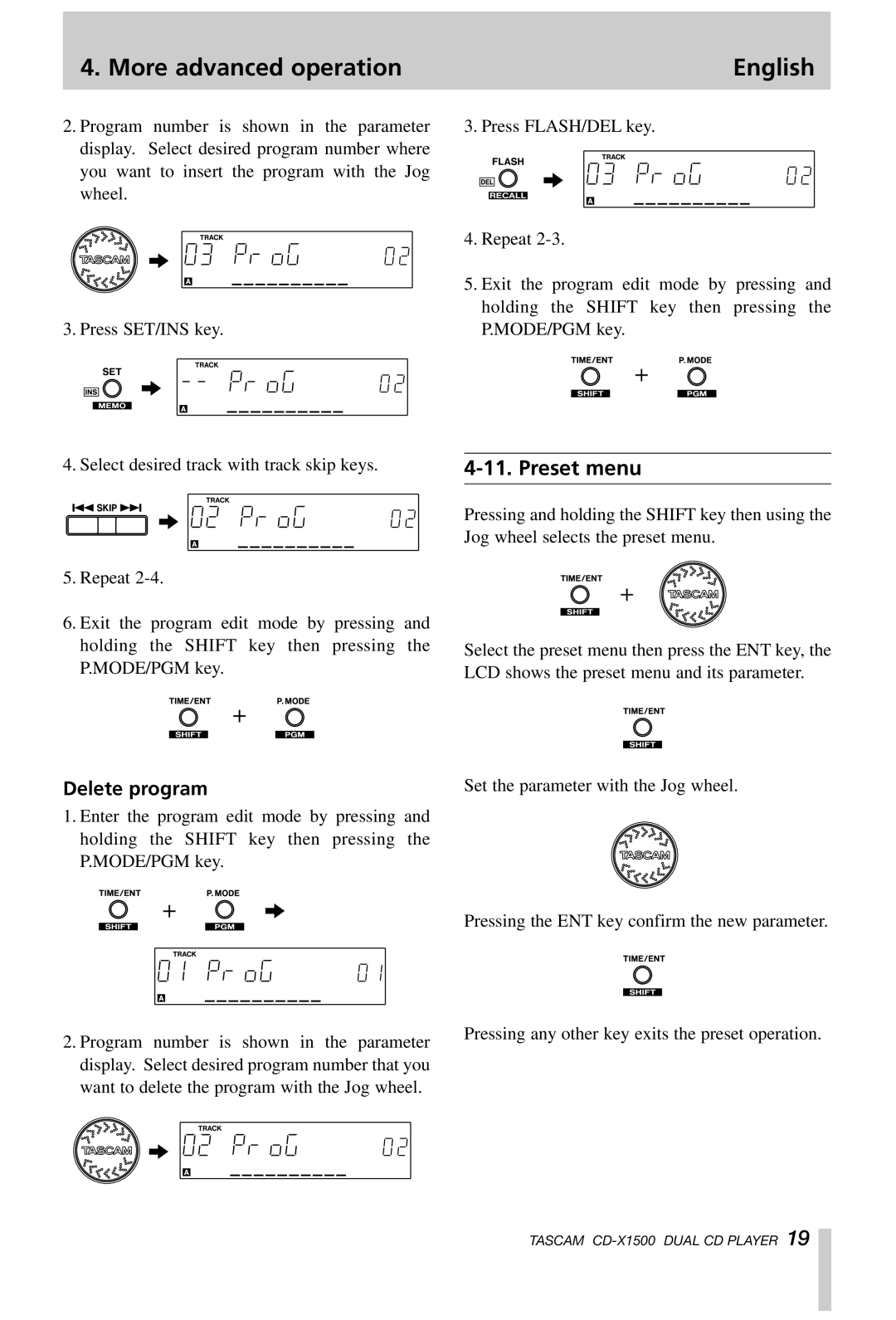 Tascam CD-X1500 owner manual Preset menu, Delete program 