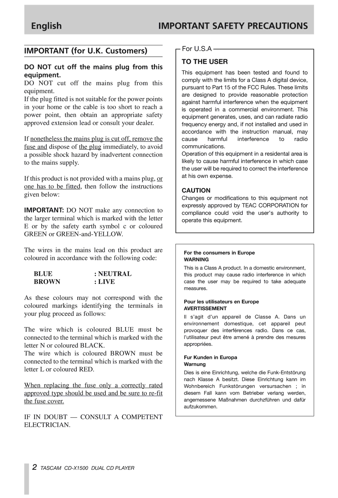 Tascam CD-X1500 owner manual English, Important for U.K. Customers, Do not cut off the mains plug from this equipment 