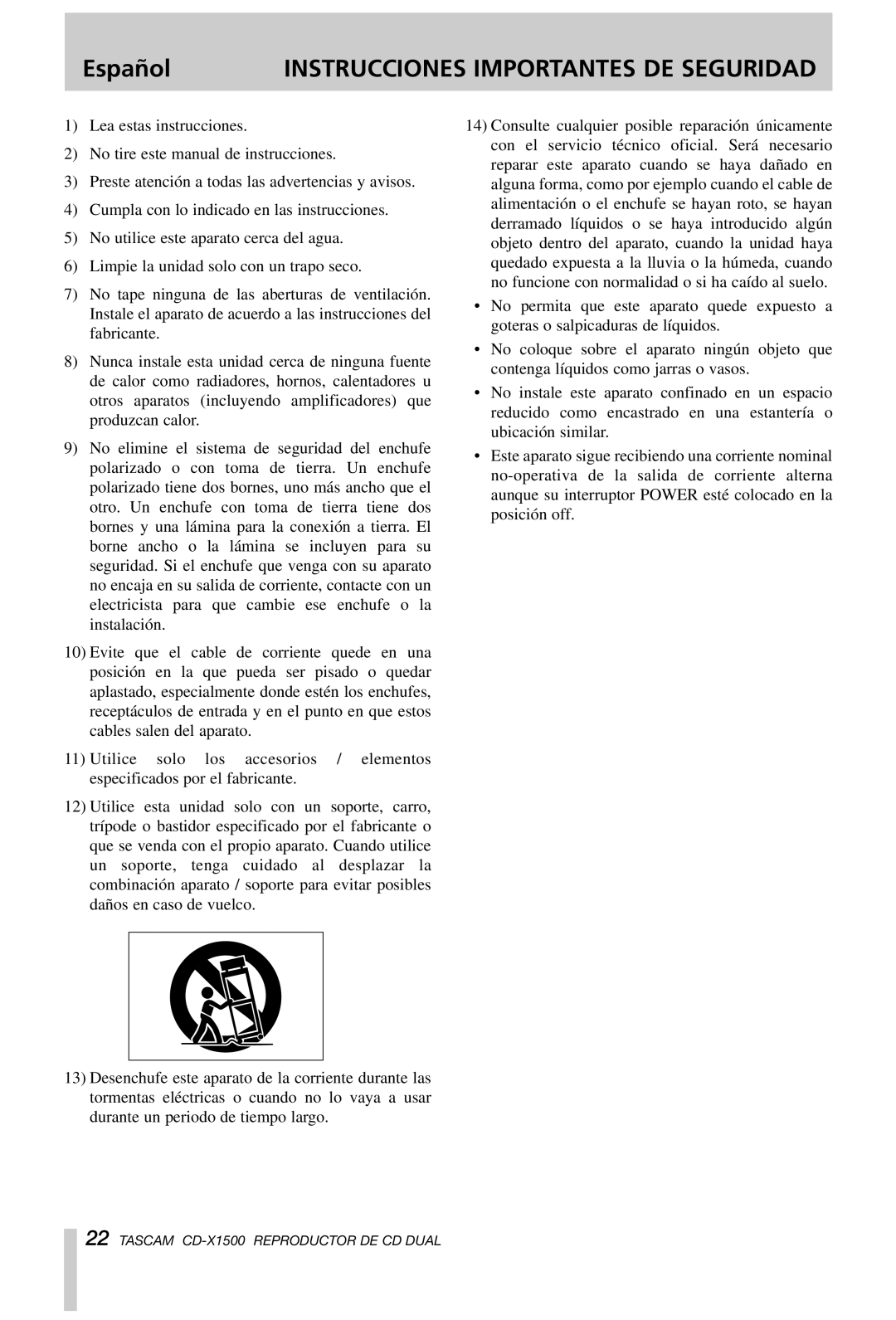 Tascam CD-X1500 owner manual Español, Instrucciones Importantes DE Seguridad 