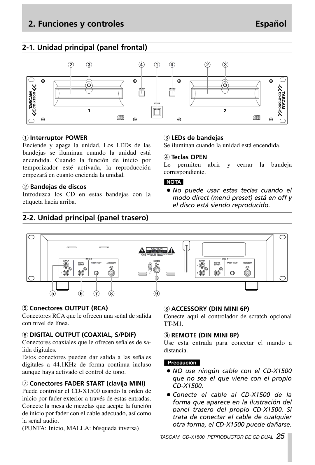 Tascam CD-X1500 owner manual Funciones y controles Español, Unidad principal panel frontal, Unidad principal panel trasero 