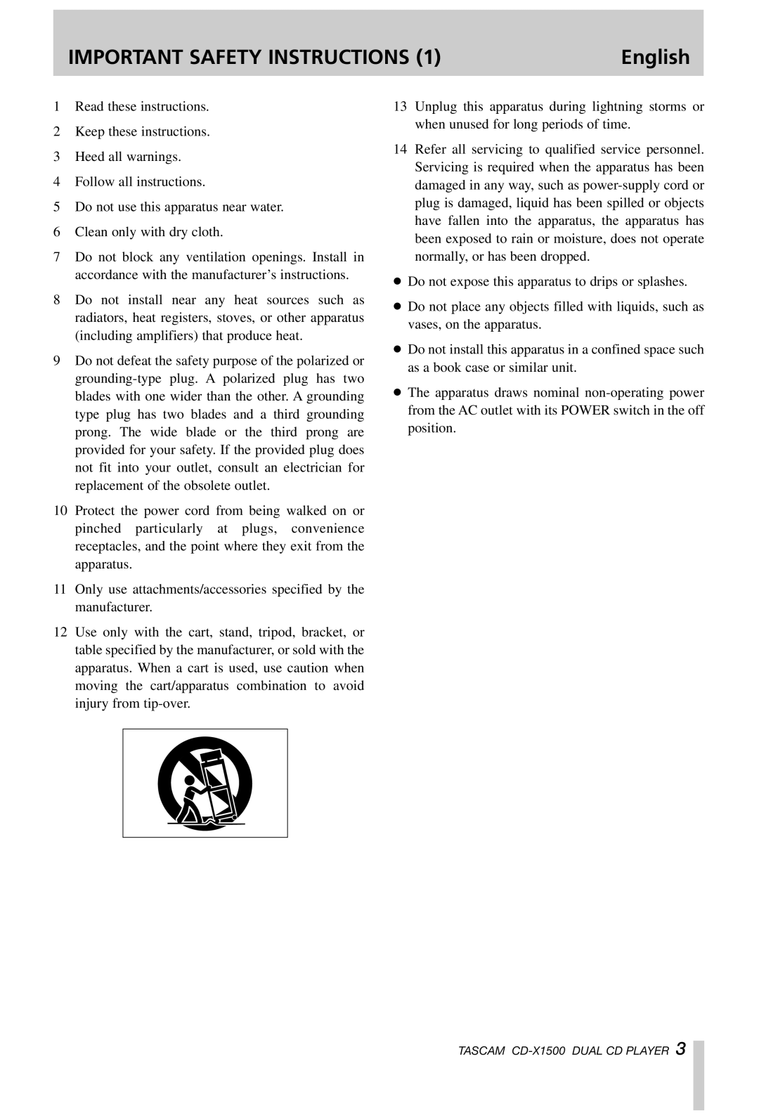 Tascam CD-X1500 owner manual Important Safety Instructions 