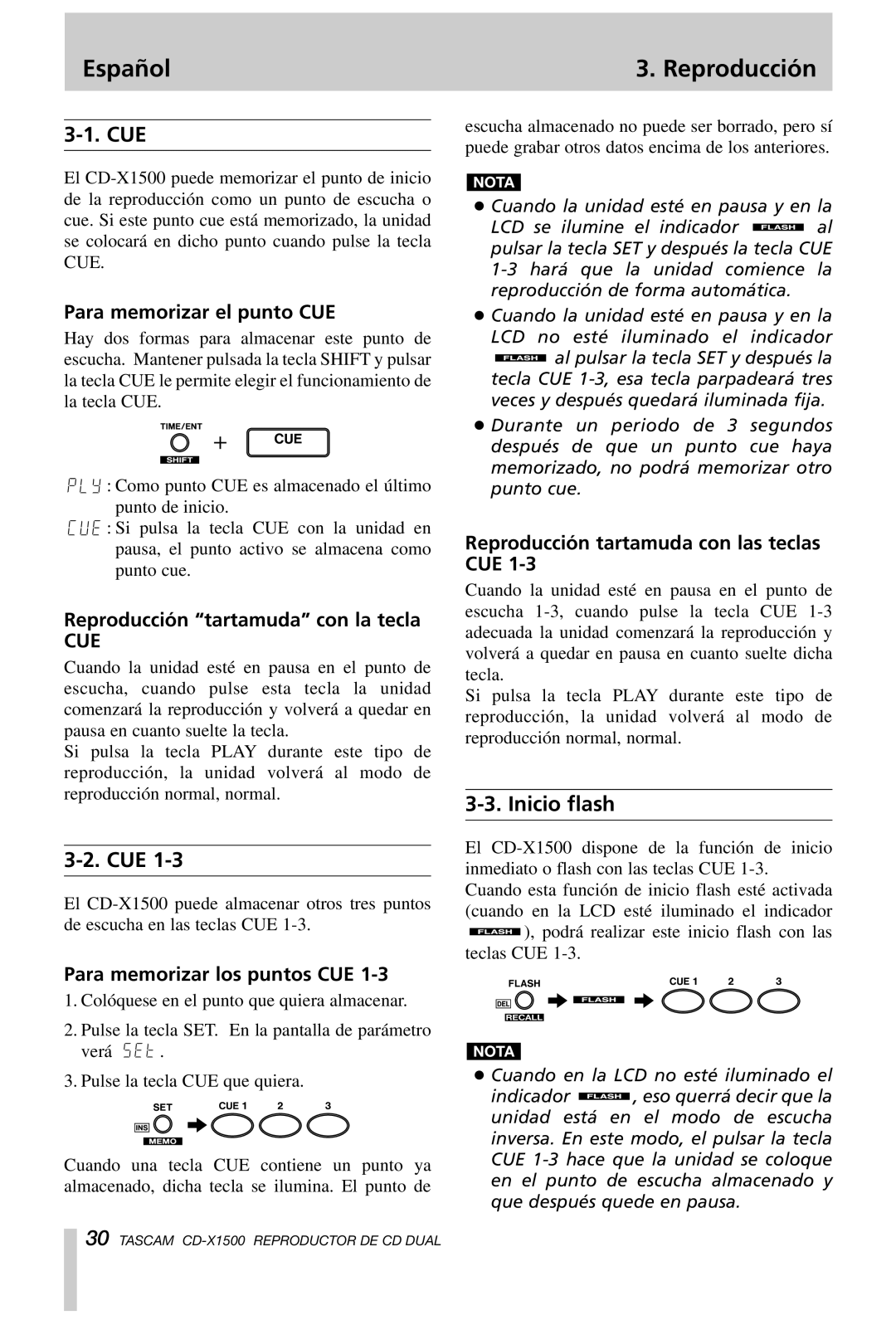 Tascam CD-X1500 owner manual Reproducción, Inicio flash 