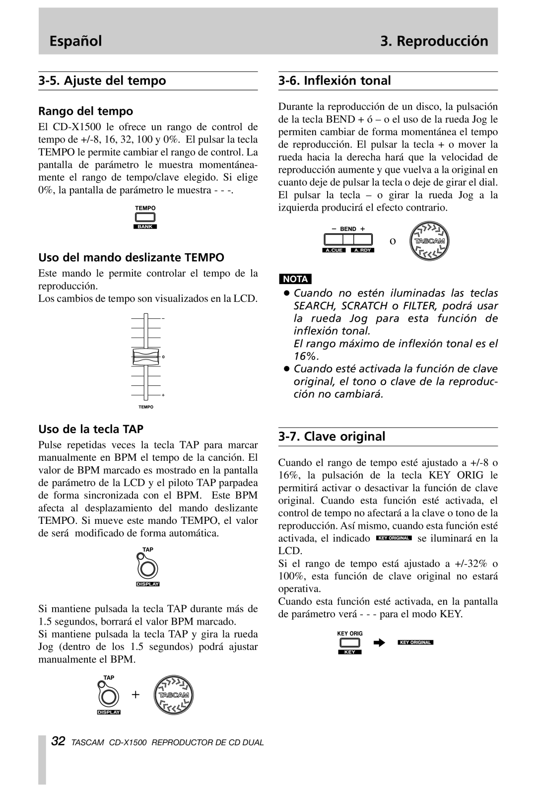 Tascam CD-X1500 owner manual Español Reproducción, Ajuste del tempo, Inflexión tonal, Clave original 