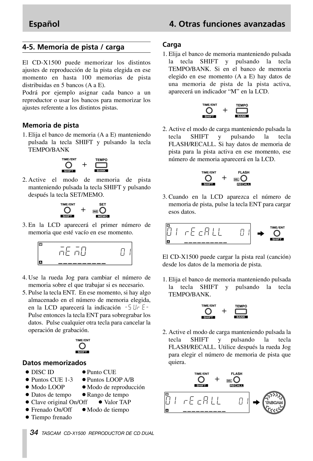 Tascam CD-X1500 owner manual Español Otras funciones avanzadas, Memoria de pista / carga, Carga, Datos memorizados 