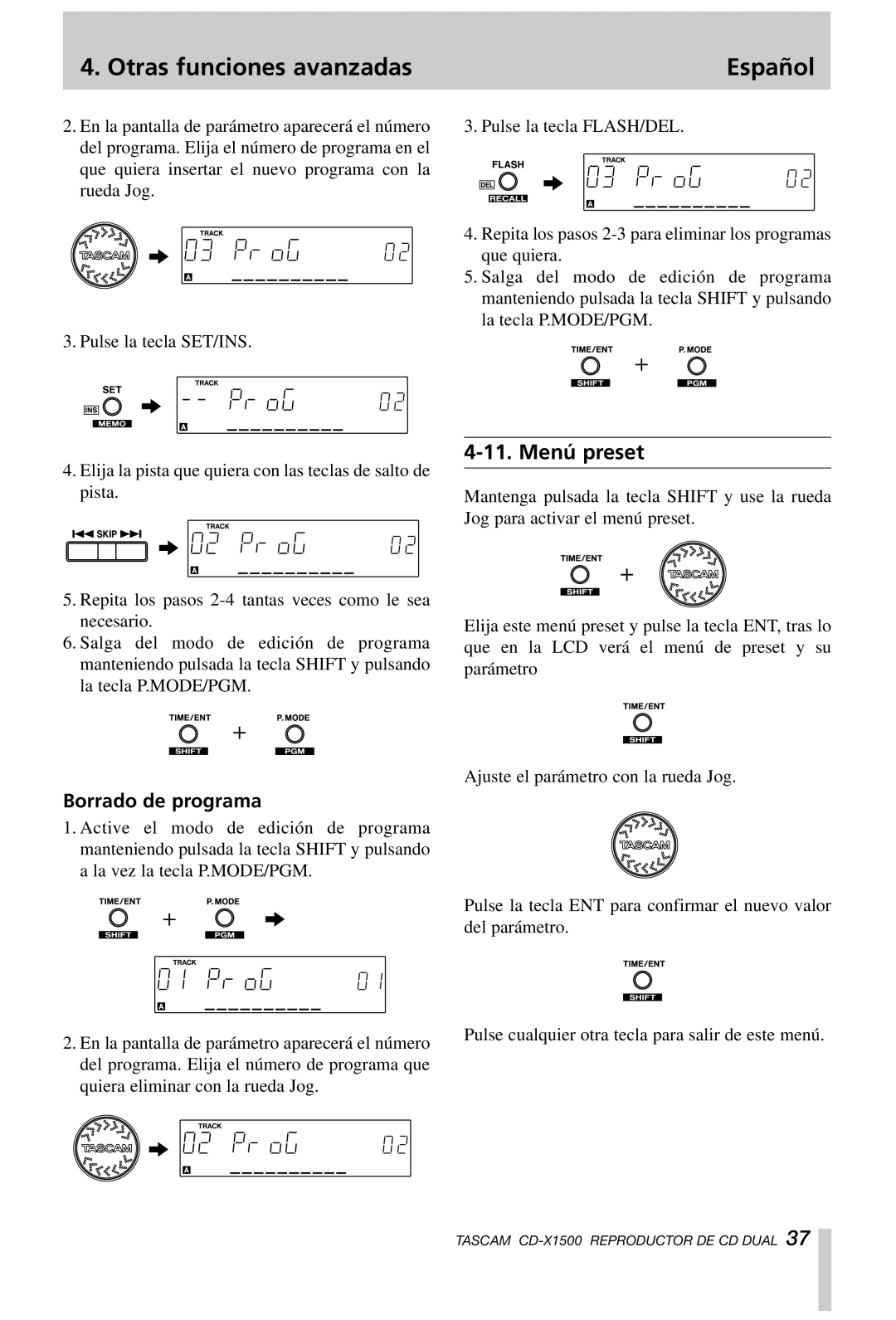 Tascam CD-X1500 owner manual Menú preset, Borrado de programa 