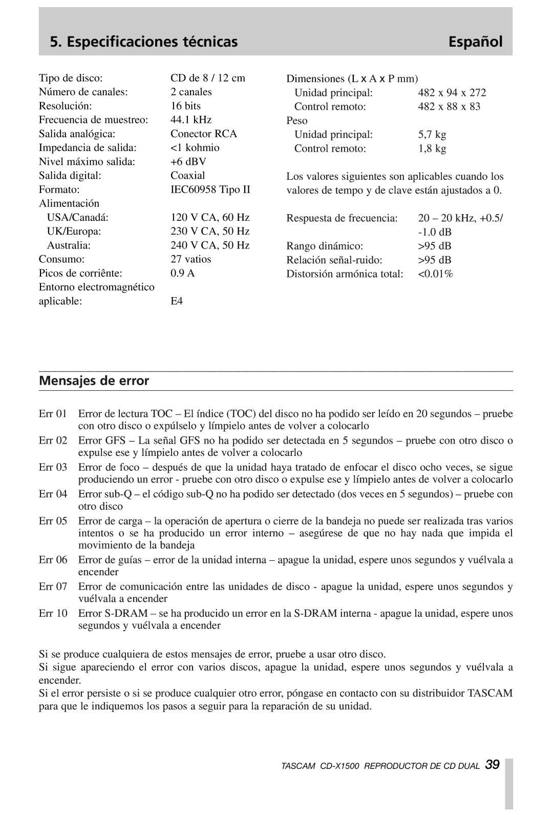 Tascam CD-X1500 owner manual Especificaciones técnicas, Mensajes de error 