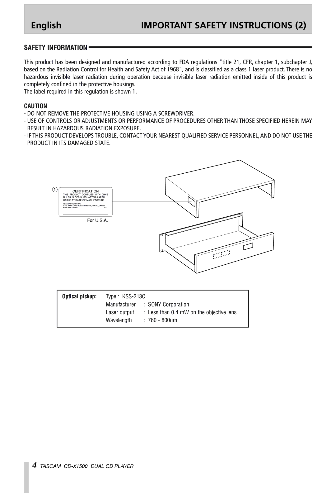 Tascam CD-X1500 owner manual Safety Information 