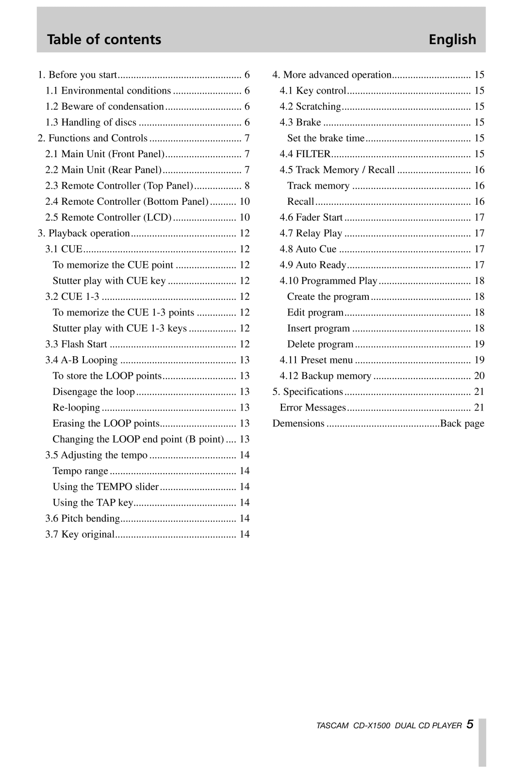 Tascam CD-X1500 owner manual Table of contents English 