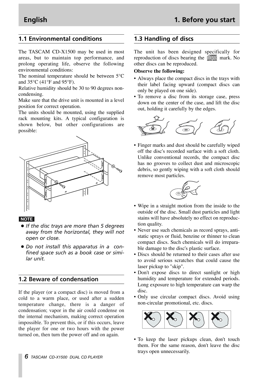 Tascam CD-X1500 owner manual English Before you start, Environmental conditions, Beware of condensation, Handling of discs 