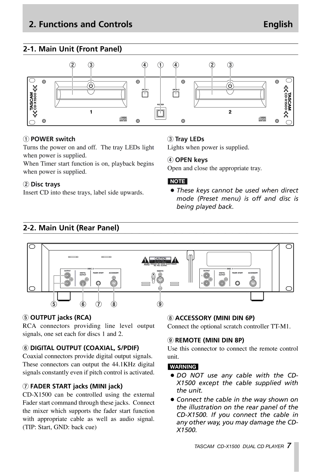 Tascam CD-X1500 owner manual Functions and Controls English, Main Unit Front Panel, Main Unit Rear Panel 