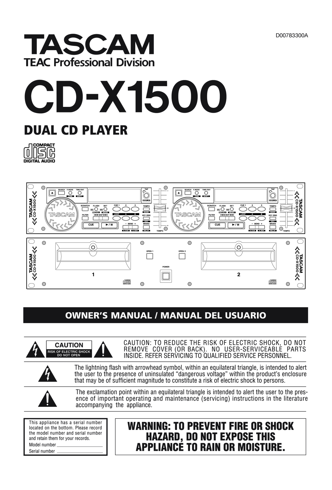 Tascam CD-X1500 owner manual Dual Cd Player 