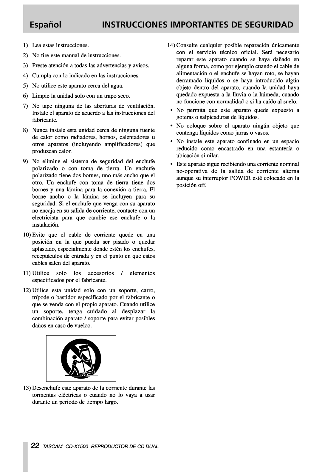 Tascam CD-X1500 owner manual Español, Instrucciones Importantes De Seguridad 