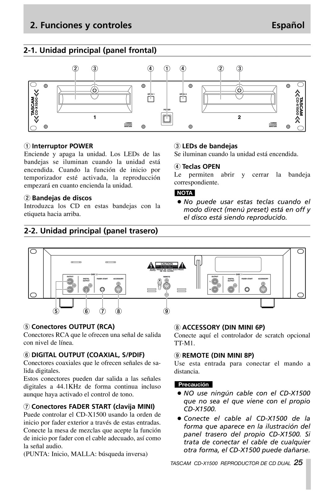 Tascam CD-X1500 owner manual Funciones y controles, Unidad principal panel frontal, Unidad principal panel trasero, Español 