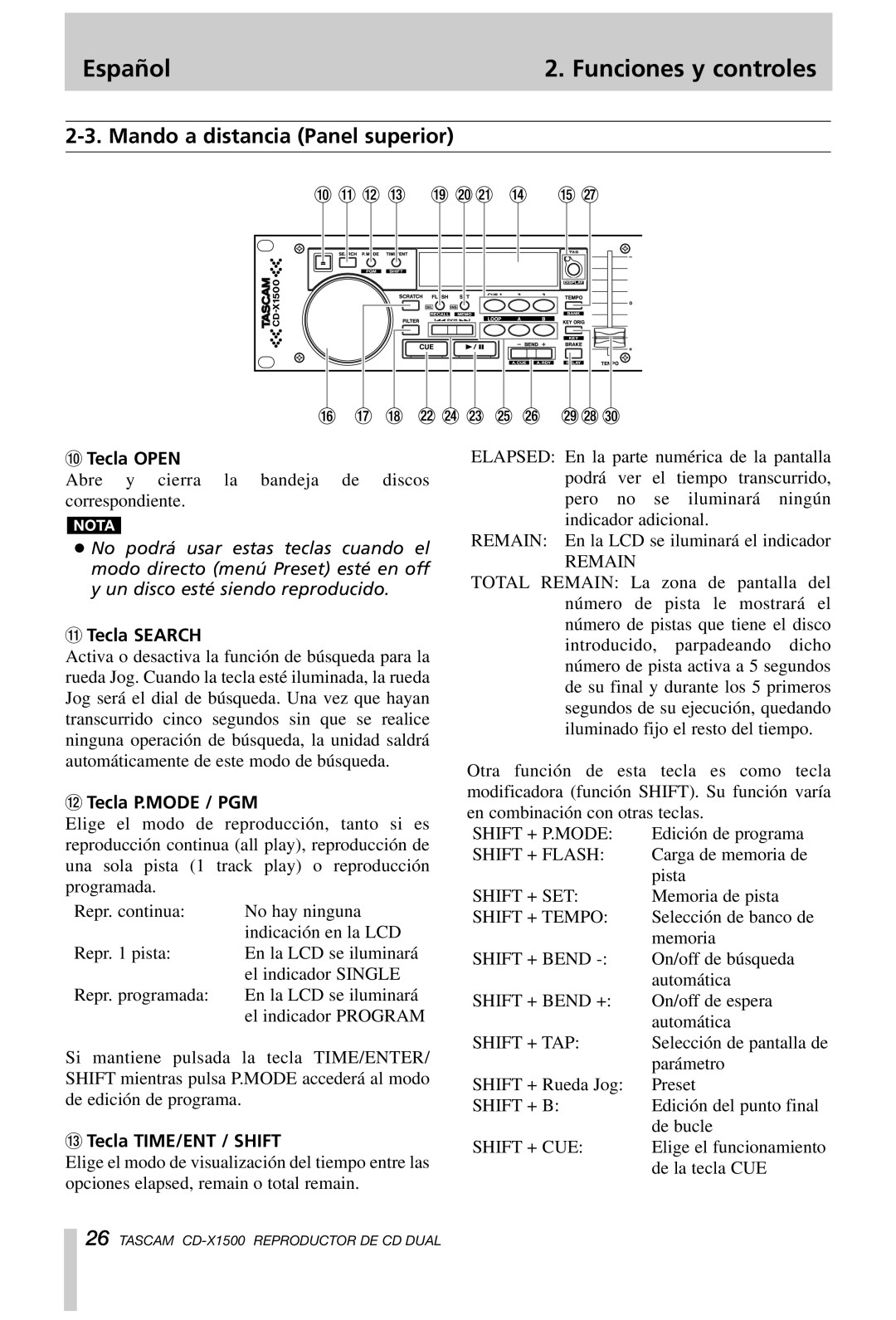Tascam CD-X1500 owner manual Mando a distancia Panel superior, Español, Funciones y controles, Tecla OPEN, q Tecla SEARCH 