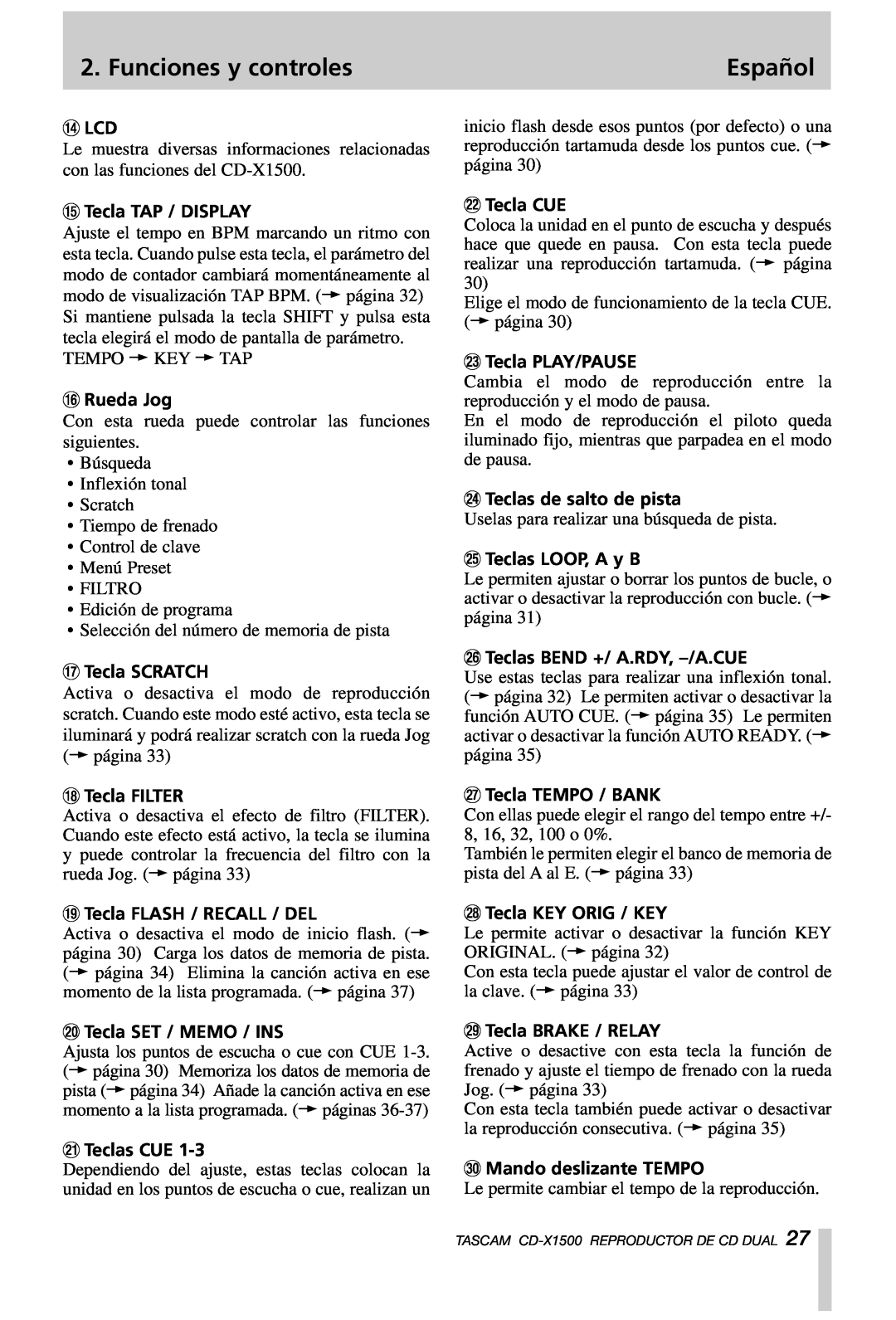Tascam CD-X1500 owner manual Funciones y controles, Español 
