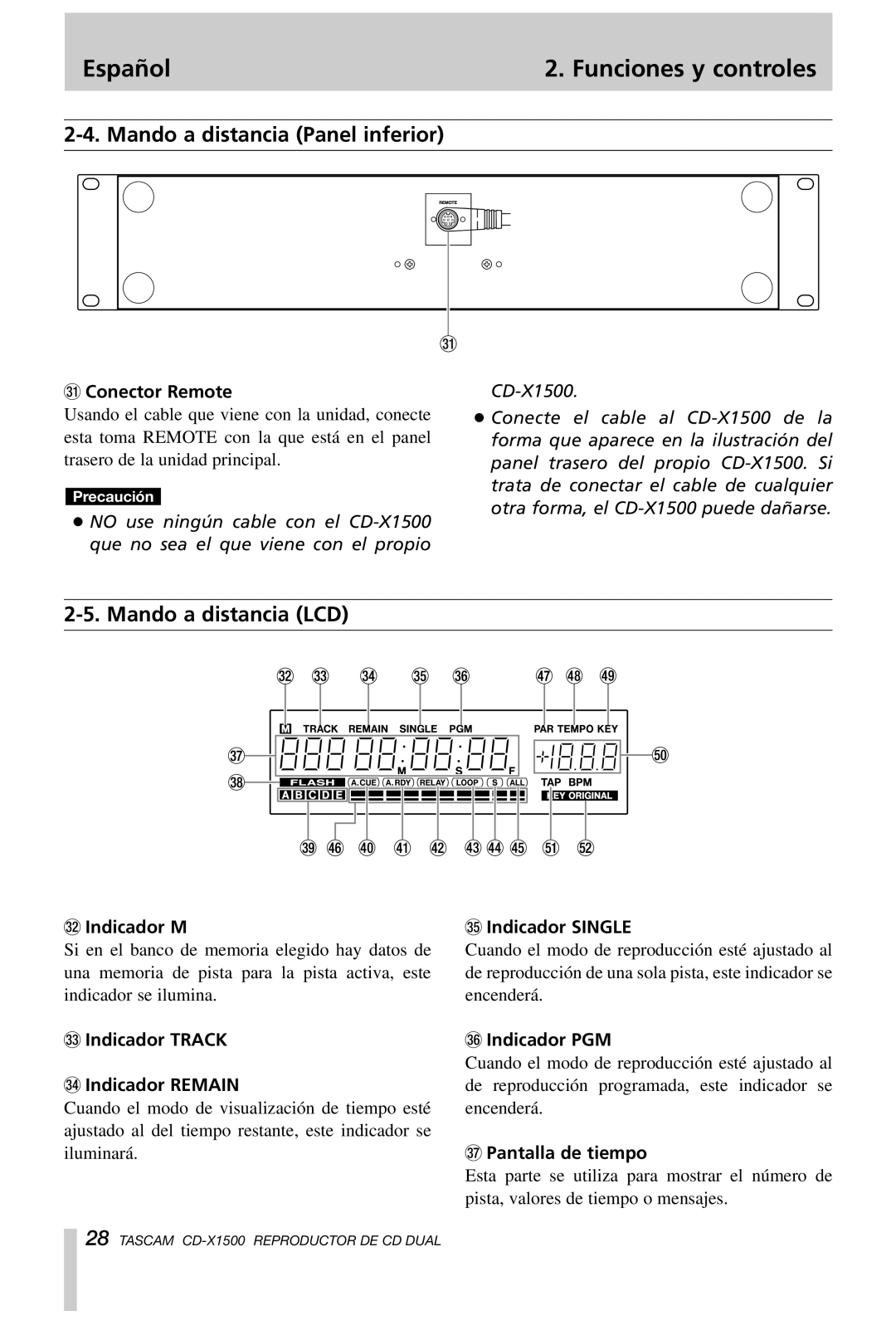 Tascam CD-X1500 Mando a distancia Panel inferior, Mando a distancia LCD, Español, Funciones y controles, z Conector Remote 